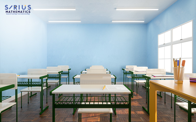Empty classroom ready for PSLE math students.