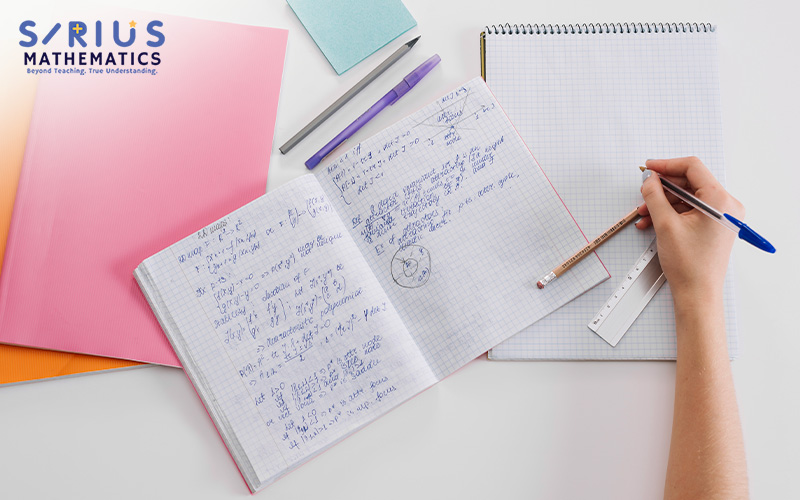 A student writing E-Maths notes in a notebook.