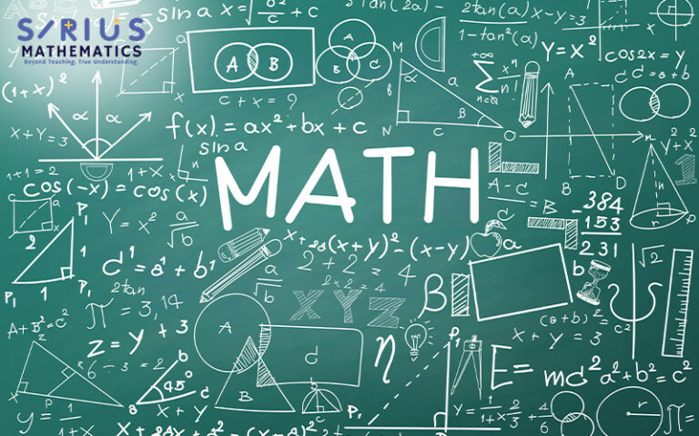 Chalkboard filled with math formulas, geometric diagrams, and the word “MATH” in bold white letters.
