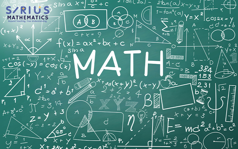 Chalkboard filled with math formulas, geometric diagrams, and the word “MATH” in bold white letters.